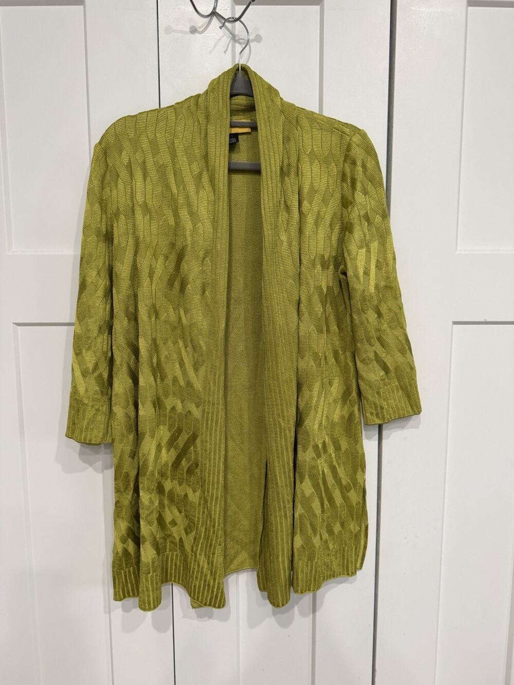 St. John Size L Wool Rayon Knit Long Open Cardigan Jacket Green Shimmer Metallic